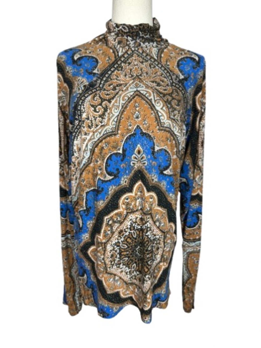Free People Turtleneck Top in Blue and Brown Paisley Size M